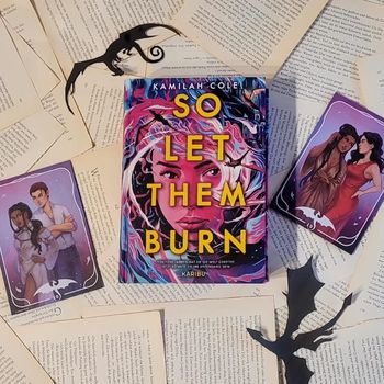 Das Buch "So let them burn" liegt auf einem Untergrund aus Buchseiten. Daneben sind zwei Silhouetten von Drachen und zwei Charakterillustrationen.