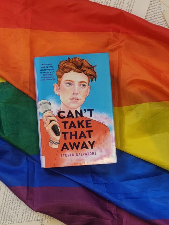 Das Buch "Can't take that away" liegt auf einer Pride Flagge.