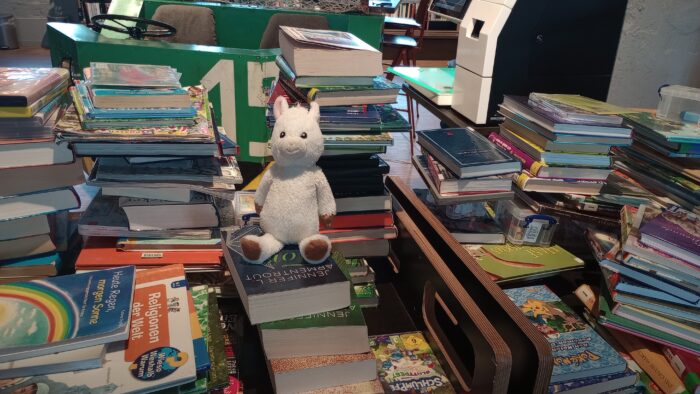 Das Plüsch-Alpaka Finchen sitzt zwischen Stapeln aus zurückgegebenen Büchern.