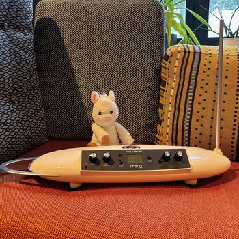 BibDing des Monats: Das Theremini Ein Plüsch-Lama sitzt vor einem Theremini.