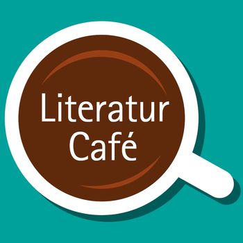 Eine Tasse mit der Aufschrift "Literaturcafé" vor einem türkisen Hintergrund.