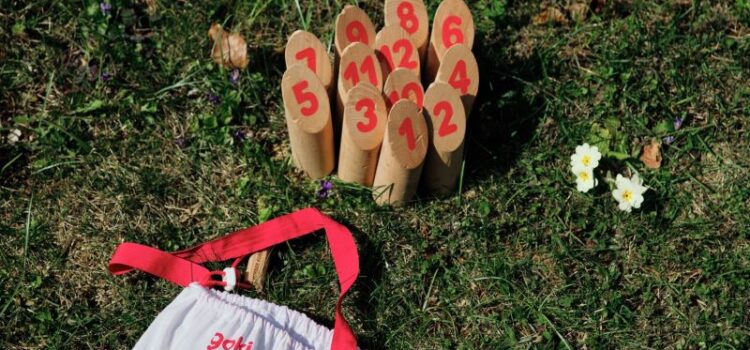 Zu sehen ist das Wurfspiel Mölkky auf einer grünen Wiese mit Blumen.